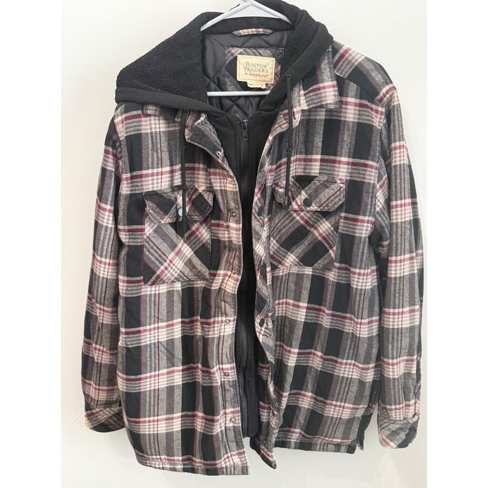 Boston Traders Men's Medium Quilted Lined Plaid Flannel Hooded Jacket Shacket